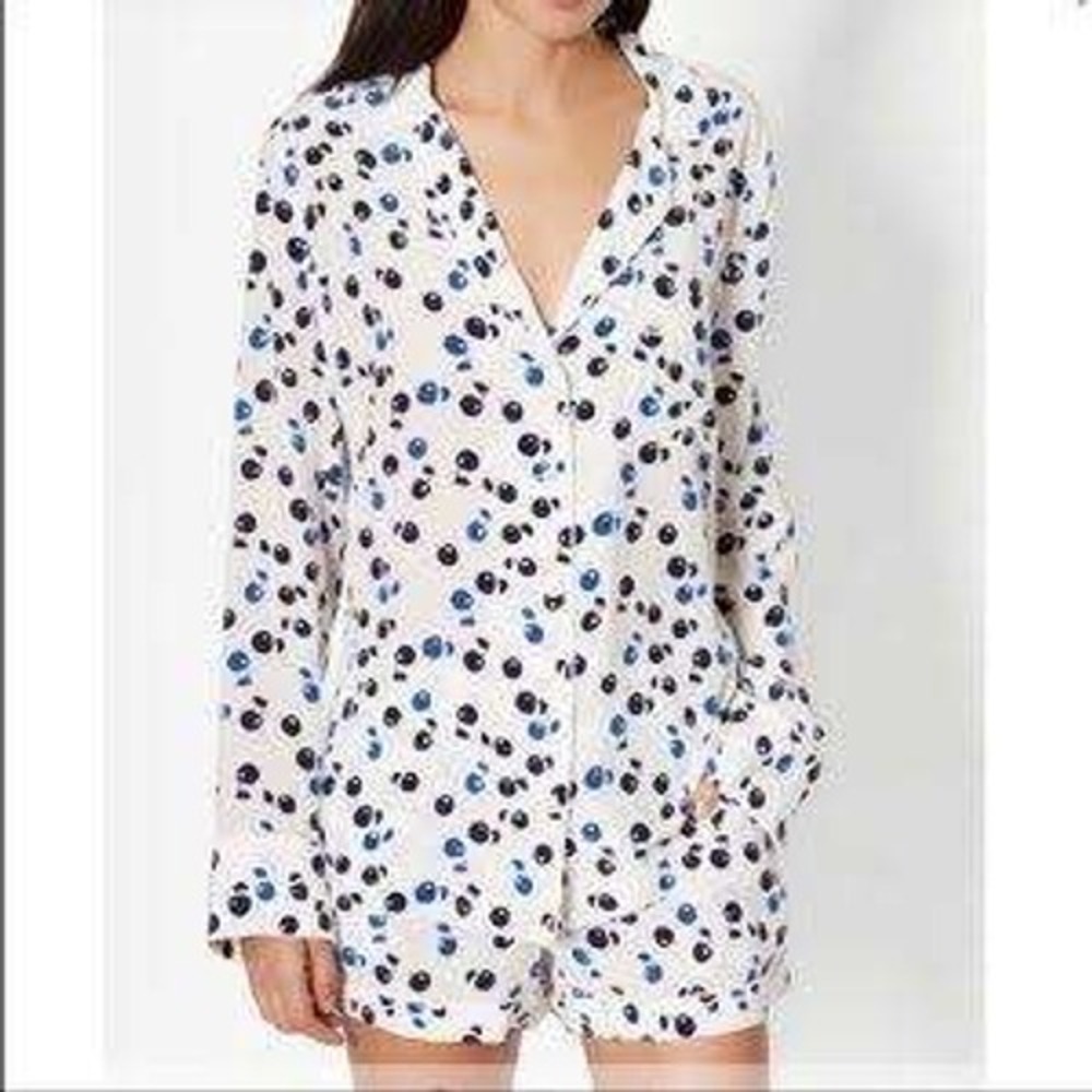 Equipment Femme 100% Silk Cherry Print Pajama Button Down Set White Blue Small